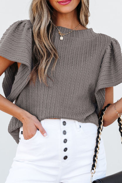 Front view of Textured Round Neck Flounce Sleeve Blouse in Gray showing neckline and sleeve details
