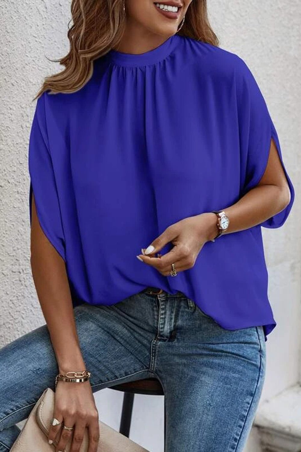 Tie Back Slit Half Sleeve Blouse - Rochelle's House LLC