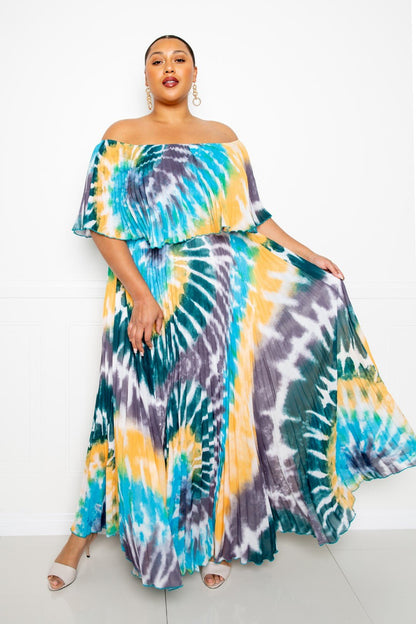 Front view of Tie Dye Off Shoulder Pleated Maxi Dress showing neckline and sleeve details (97% polyester, 3% spandex)