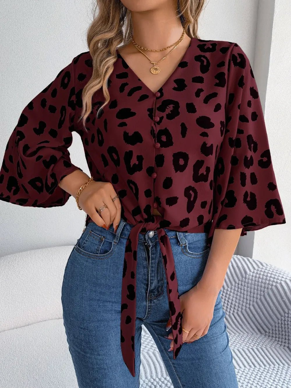 Tied Button Up Leopard V - Neck Blouse - Rochelle's House LLC