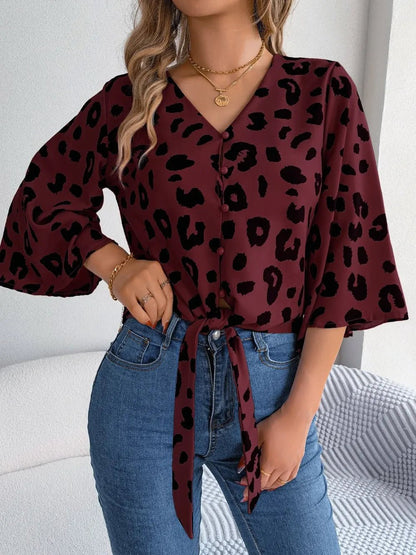 Tied Button Up Leopard V - Neck Blouse - Rochelle's House LLC