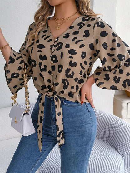 Tied Button Up Leopard V - Neck Blouse - Rochelle's House LLC