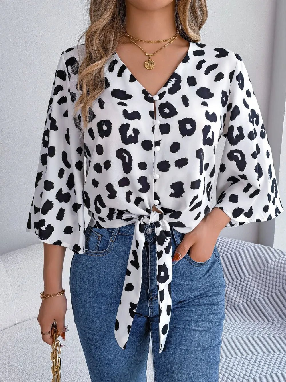 Tied Button Up Leopard V - Neck Blouse - Rochelle's House LLC