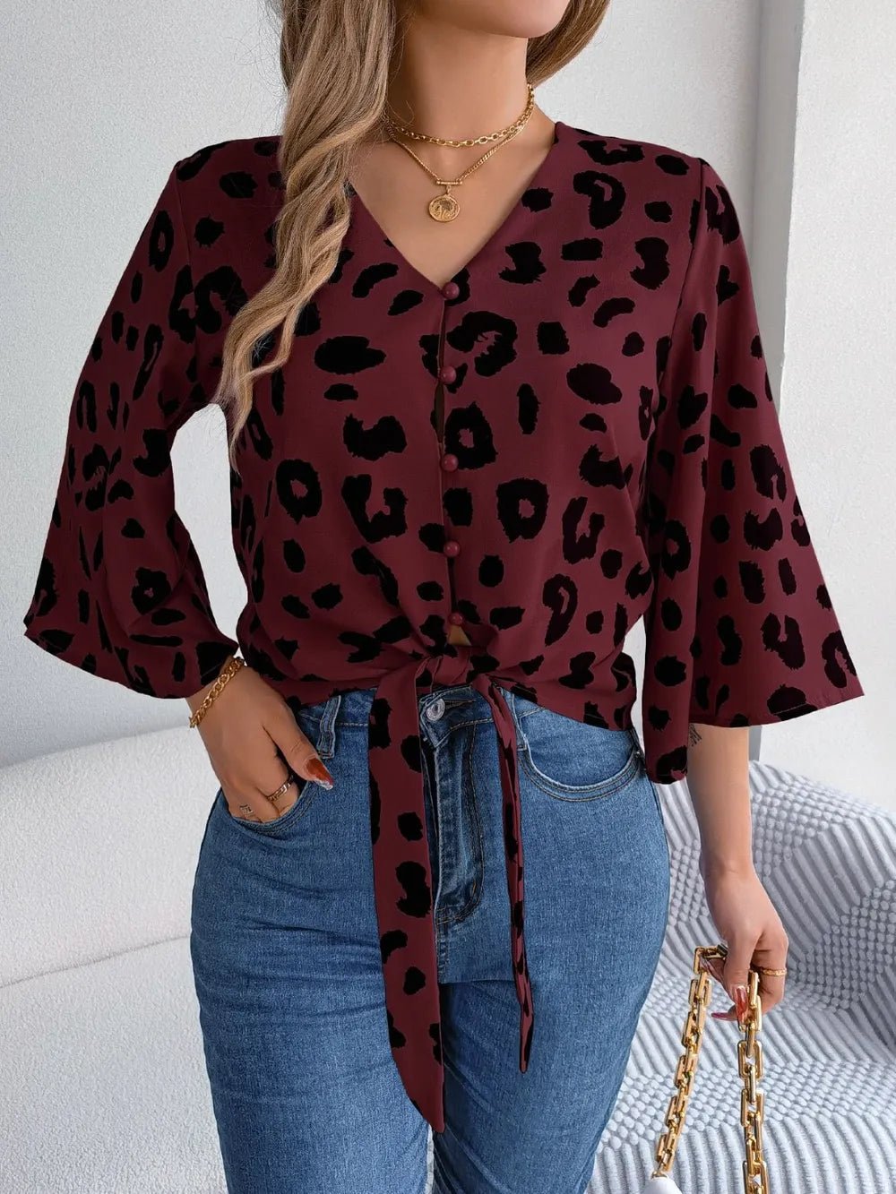 Tied Button Up Leopard V - Neck Blouse - Rochelle's House LLC