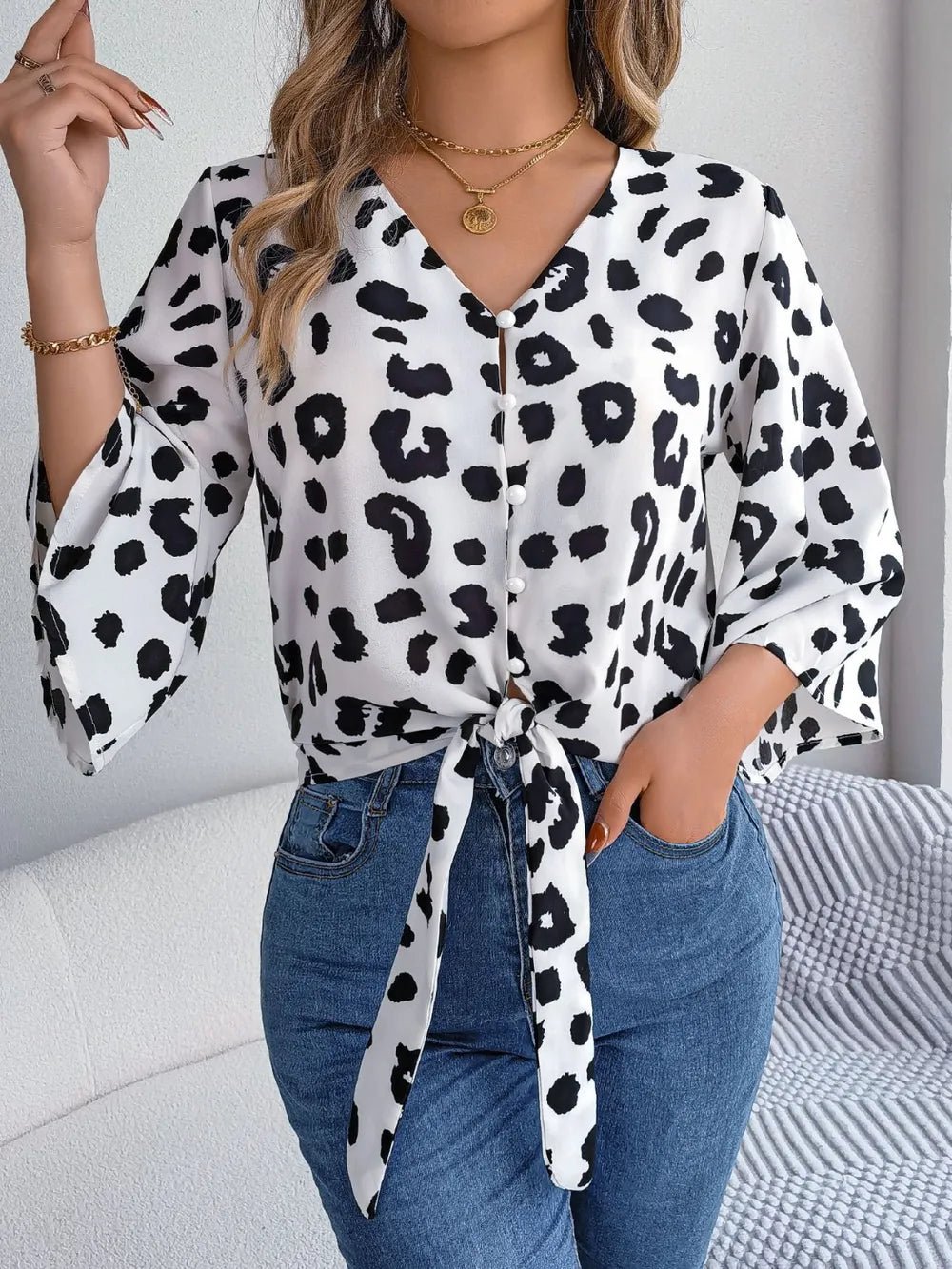 Tied Button Up Leopard V - Neck Blouse - Rochelle's House LLC