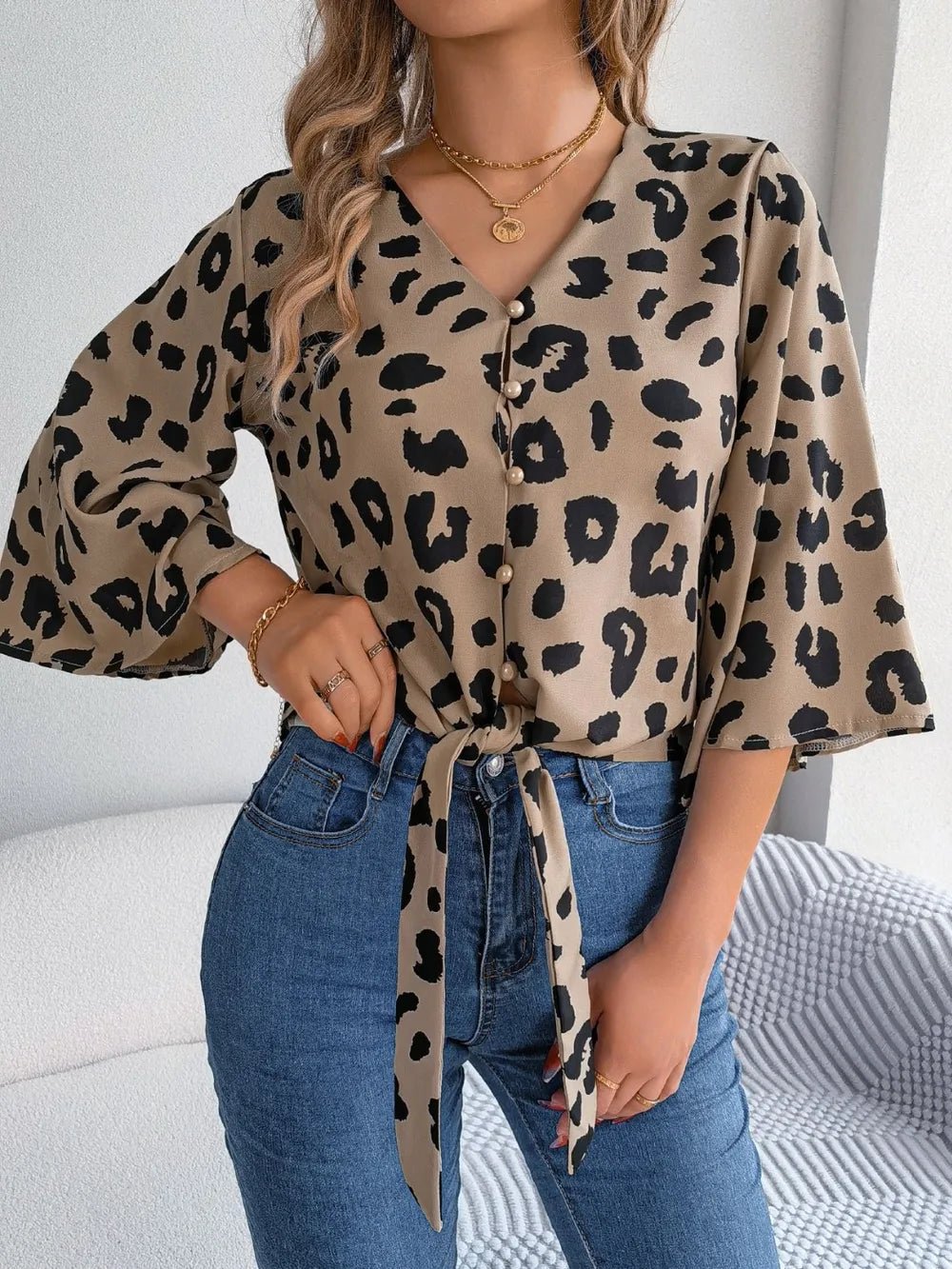 Tied Button Up Leopard V - Neck Blouse - Rochelle's House LLC