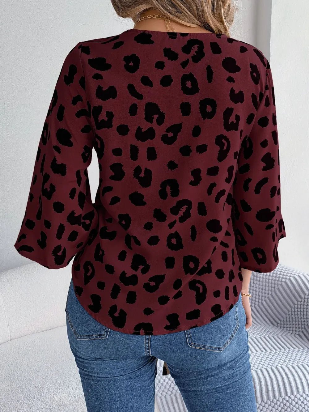Tied Button Up Leopard V - Neck Blouse - Rochelle's House LLC