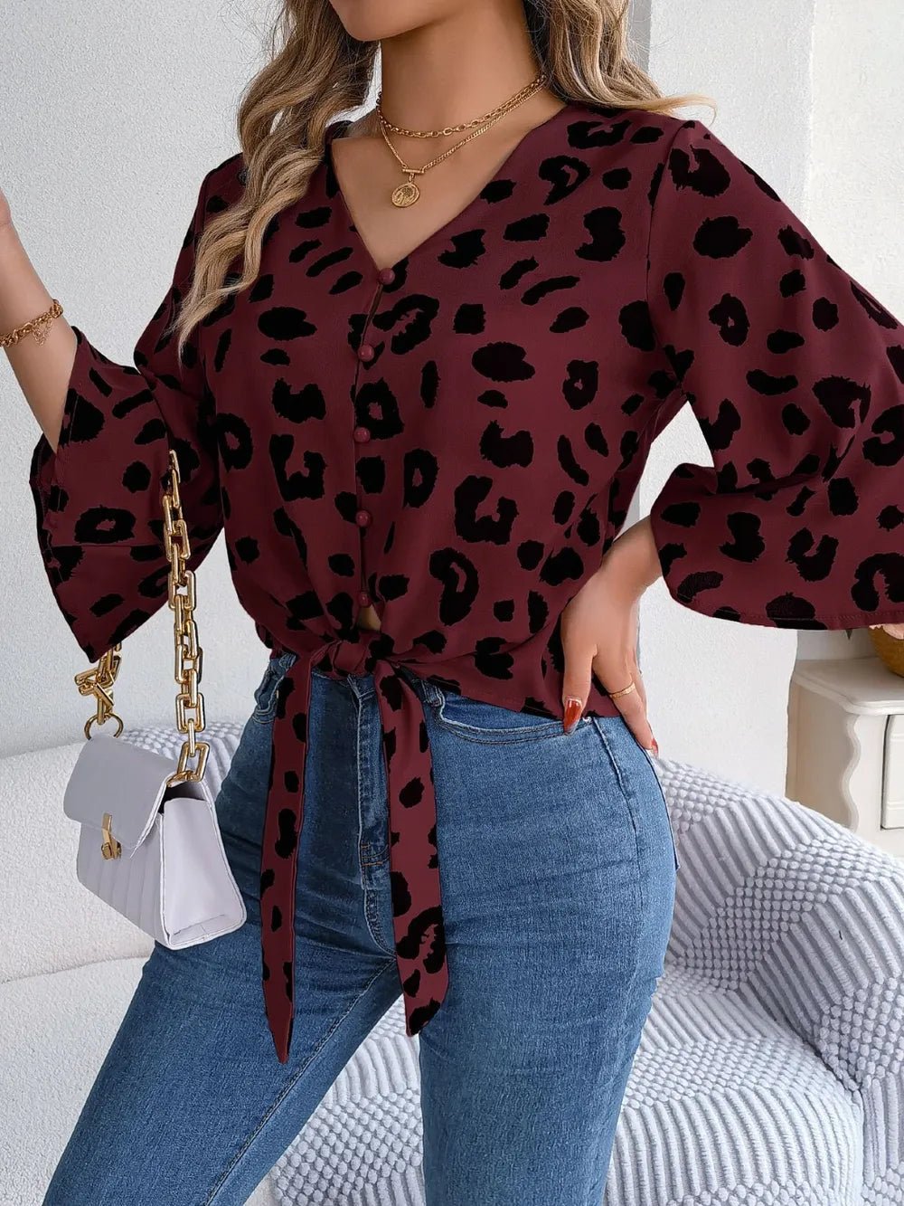 Tied Button Up Leopard V - Neck Blouse - Rochelle's House LLC