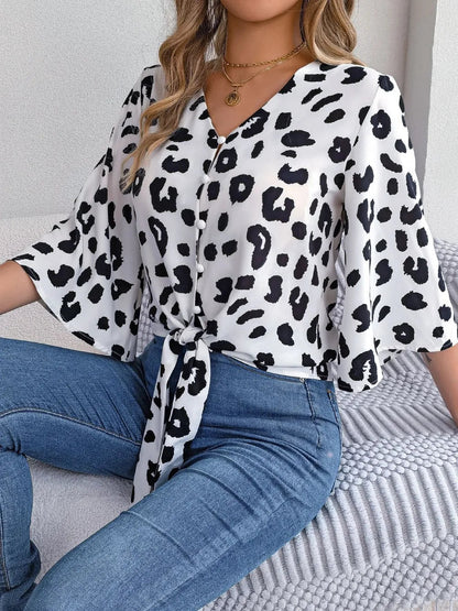 Tied Button Up Leopard V - Neck Blouse - Rochelle's House LLC