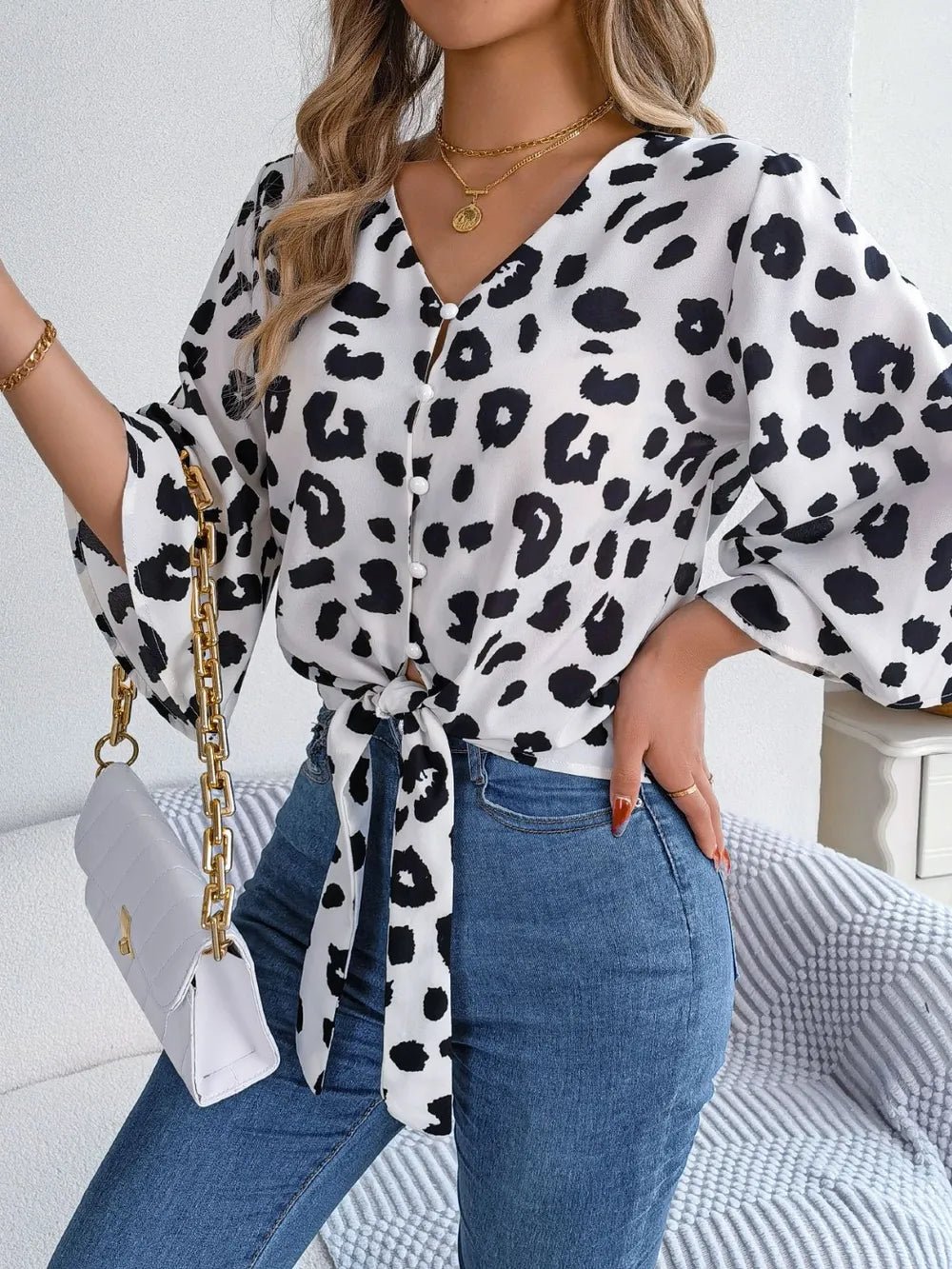 Tied Button Up Leopard V - Neck Blouse - Rochelle's House LLC