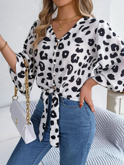 Tied Button Up Leopard V - Neck Blouse - Rochelle's House LLC