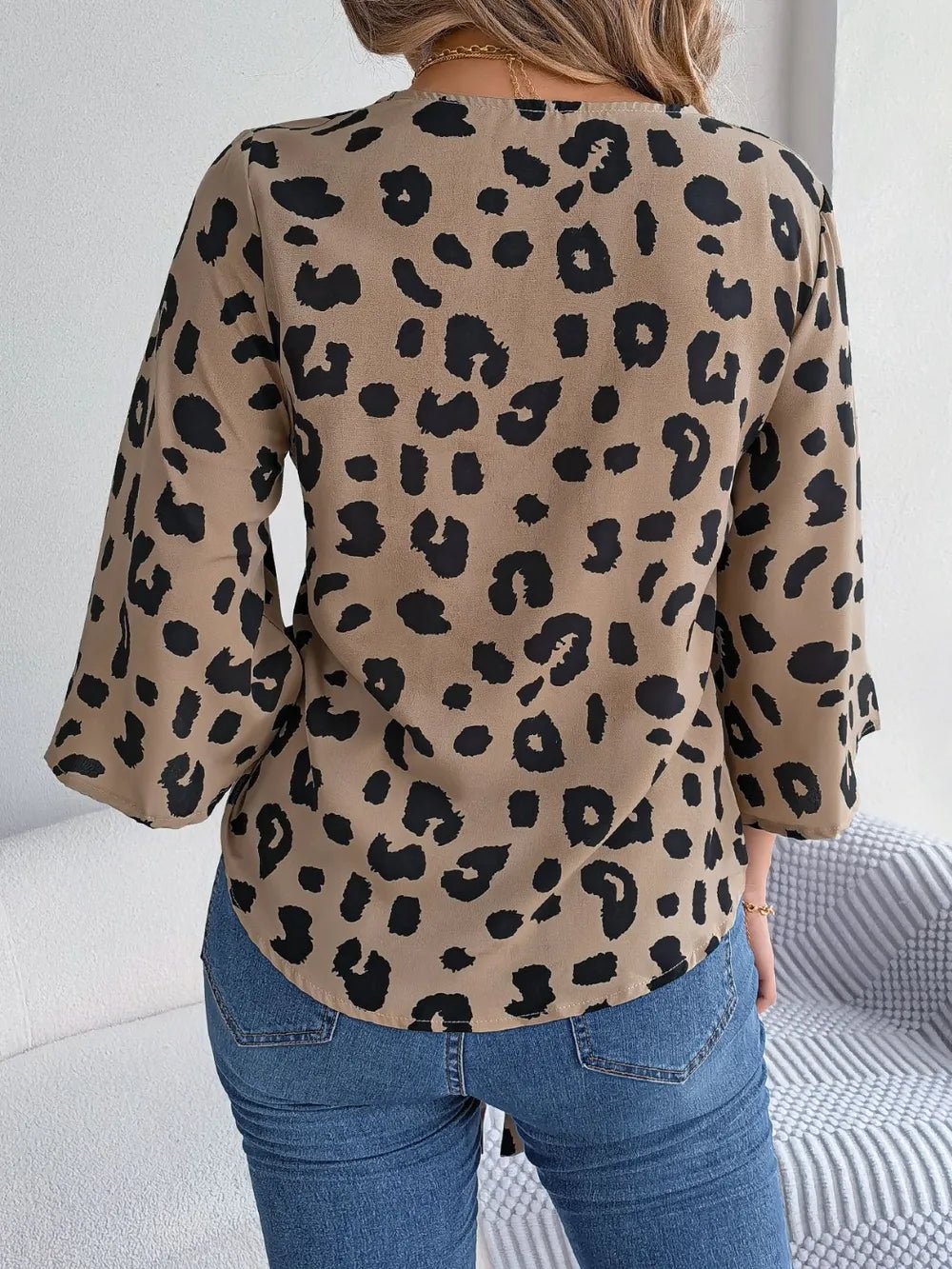 Tied Button Up Leopard V - Neck Blouse - Rochelle's House LLC