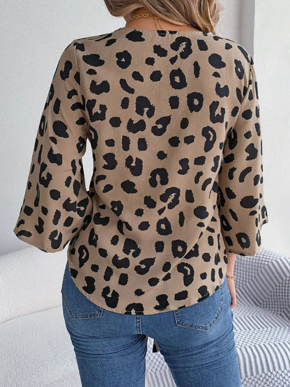 Tied Button Up Leopard V - Neck Blouse - Rochelle's House LLC
