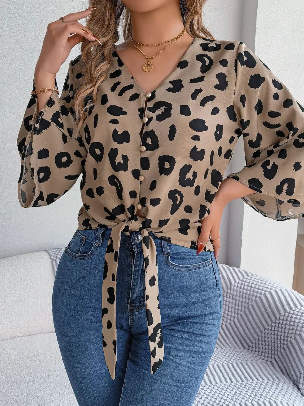 Tied Button Up Leopard V - Neck Blouse - Rochelle's House LLC