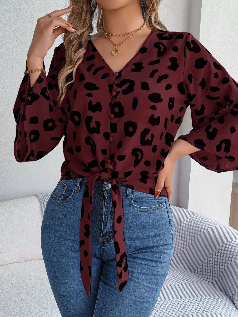 Tied Button Up Leopard V - Neck Blouse - Rochelle's House LLC