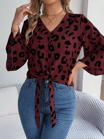 Tied Button Up Leopard V - Neck Blouse - Rochelle's House LLC