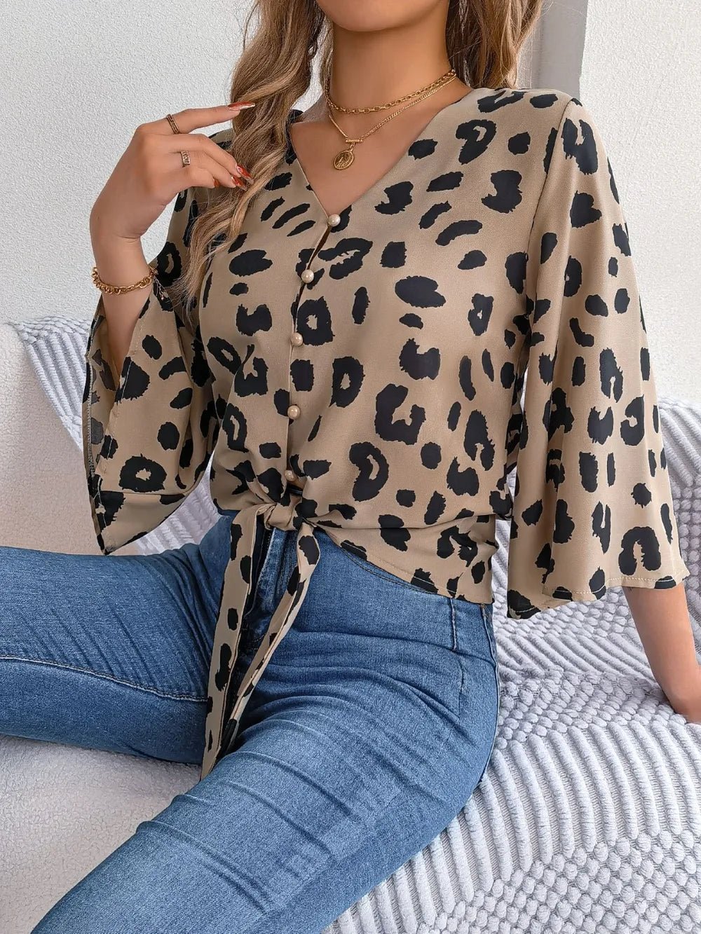 Tied Button Up Leopard V - Neck Blouse - Rochelle's House LLC