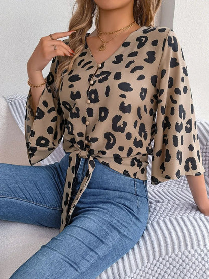 Tied Button Up Leopard V - Neck Blouse - Rochelle's House LLC