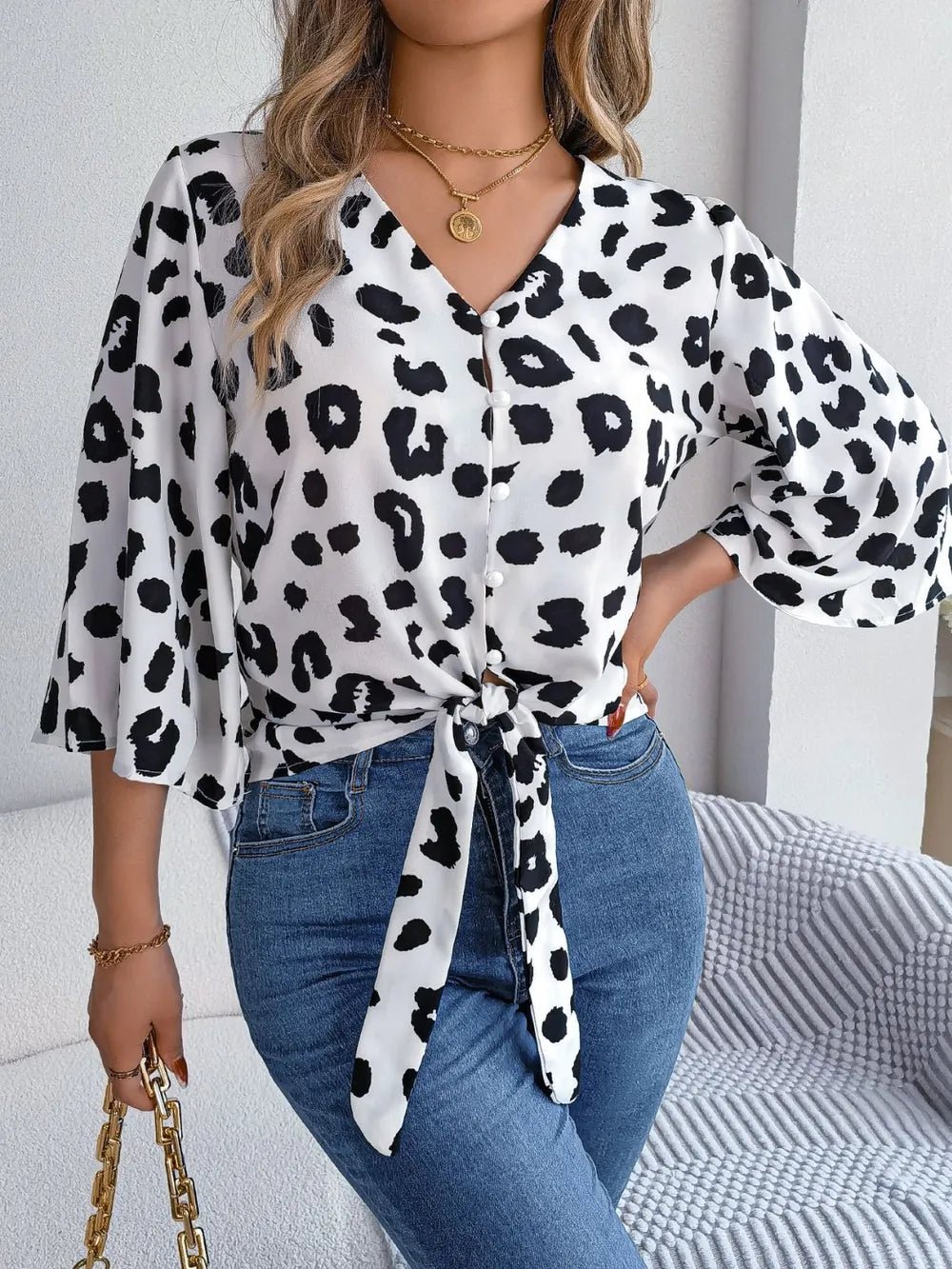 Tied Button Up Leopard V - Neck Blouse - Rochelle's House LLC