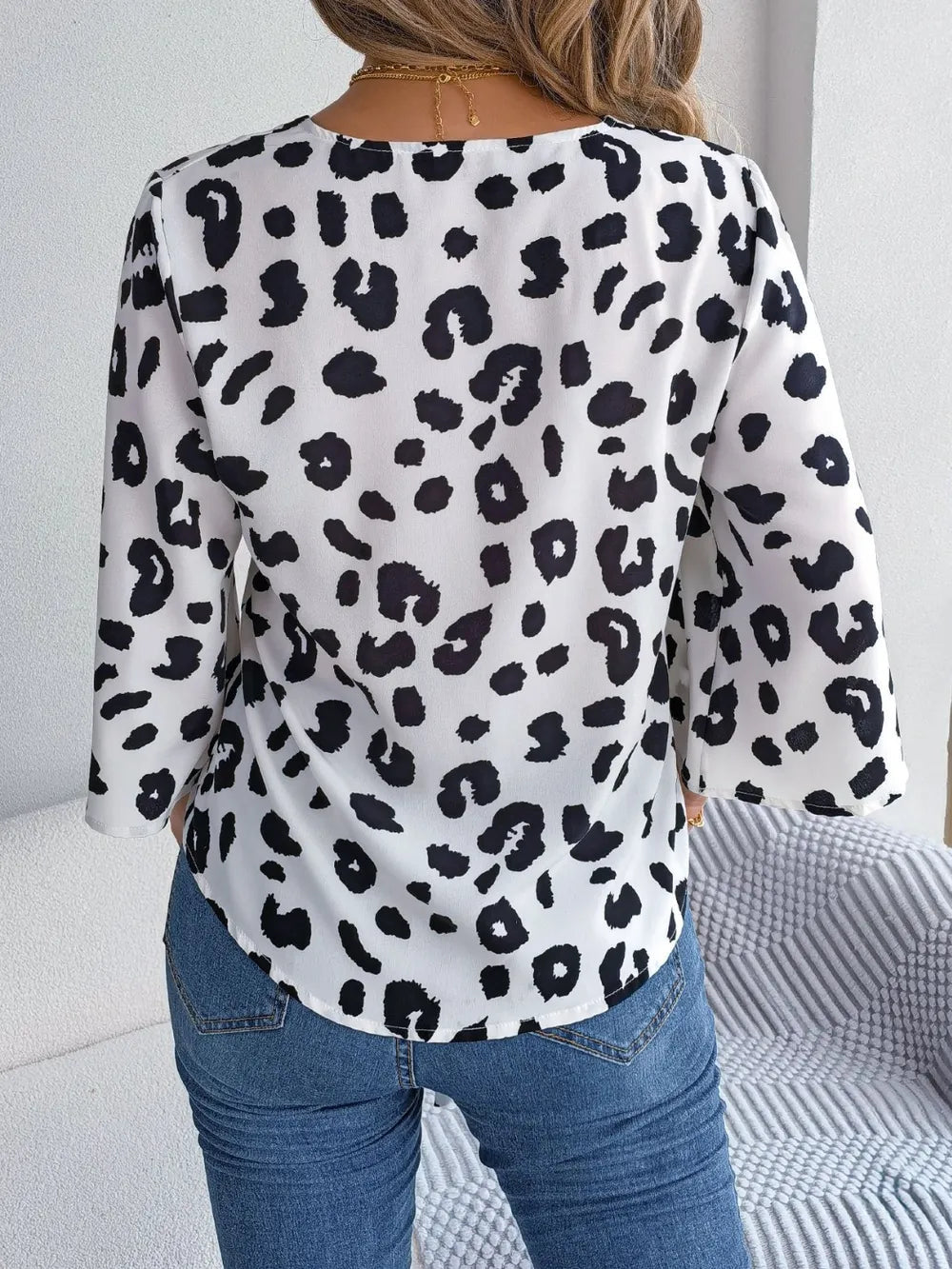 Tied Button Up Leopard V - Neck Blouse - Rochelle's House LLC