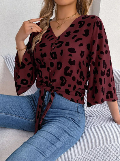 Tied Button Up Leopard V - Neck Blouse - Rochelle's House LLC