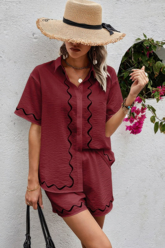 Front view of Two Piece Button Down Short Sleeve Outfits Sets showing neckline and sleeve details