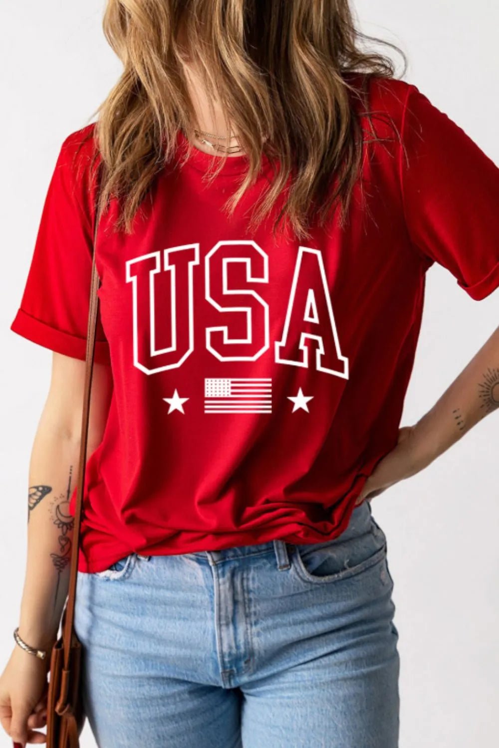 Front view of USA American Flag Crewneck T Shirt in Red showing neckline and sleeve details (62% polyester, 32% cotton)