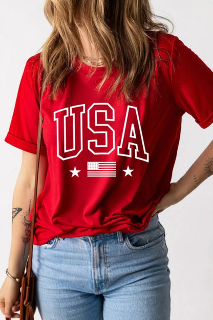 Front view of USA American Flag Crewneck T Shirt in Red showing neckline and sleeve details (62% polyester, 32% cotton)