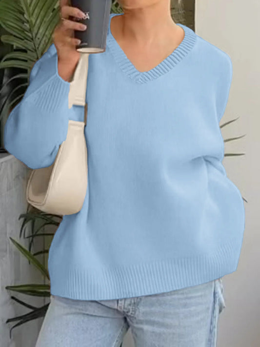 Front view of V-Neck Long Sleeve Sweater in Light Blue showing neckline and sleeve details