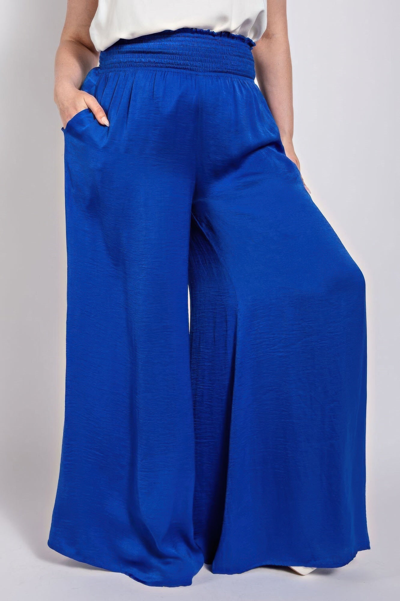Front view of Washed Satin Wide Pants With Waist Smocked showing neckline and sleeve details (100% polyester for a silky)