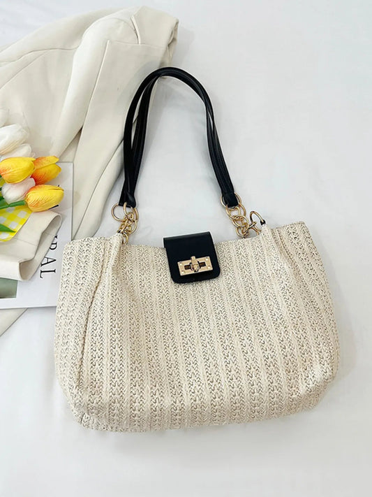 Front view of Woven Straw Shoulder Bag in Black showing neckline and sleeve details (polyester)