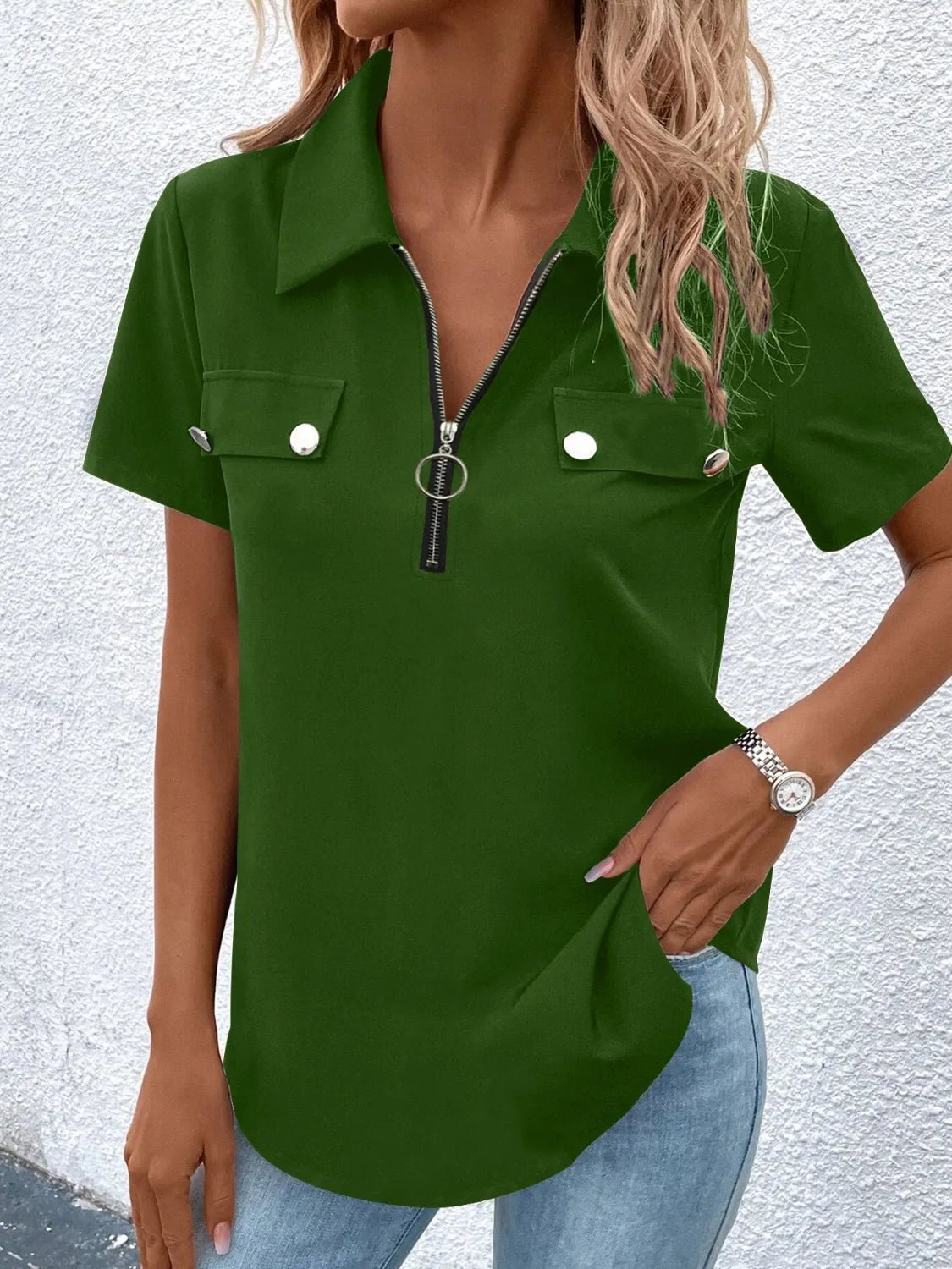 Front view of Zip Collar Short Sleeve Top in Dark Green showing neckline and sleeve details
