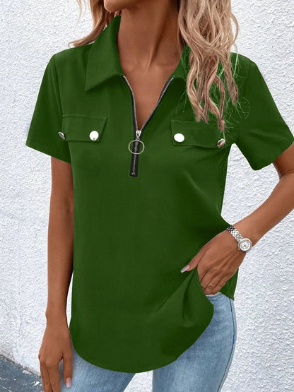 Front view of Zip Collar Short Sleeve Top in Dark Green showing neckline and sleeve details