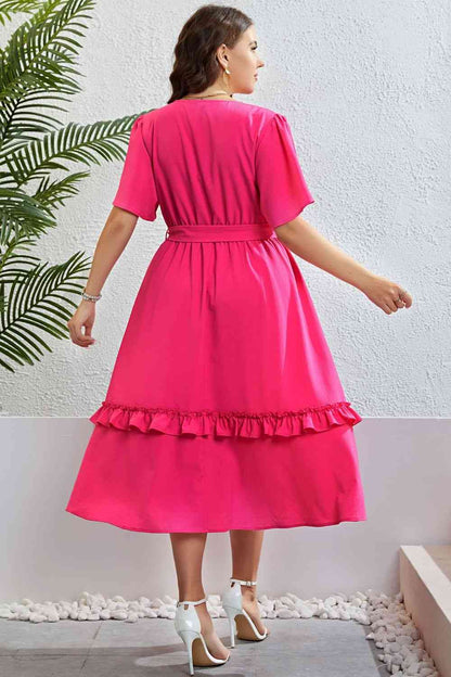 Belted Frill Trim Flutter Sleeve Dress - Rochelle's House LLC