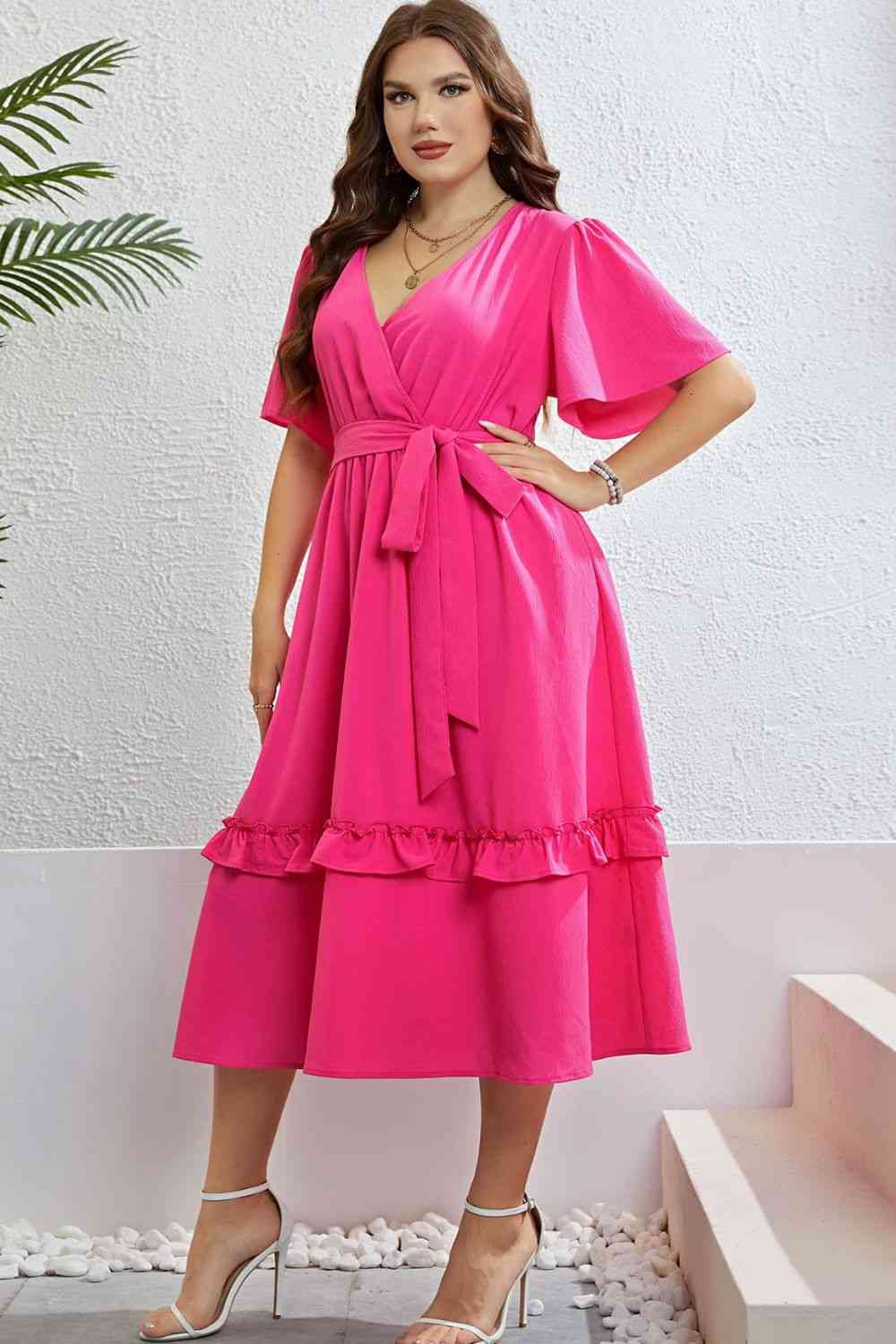 Belted Frill Trim Flutter Sleeve Dress - Rochelle's House LLC