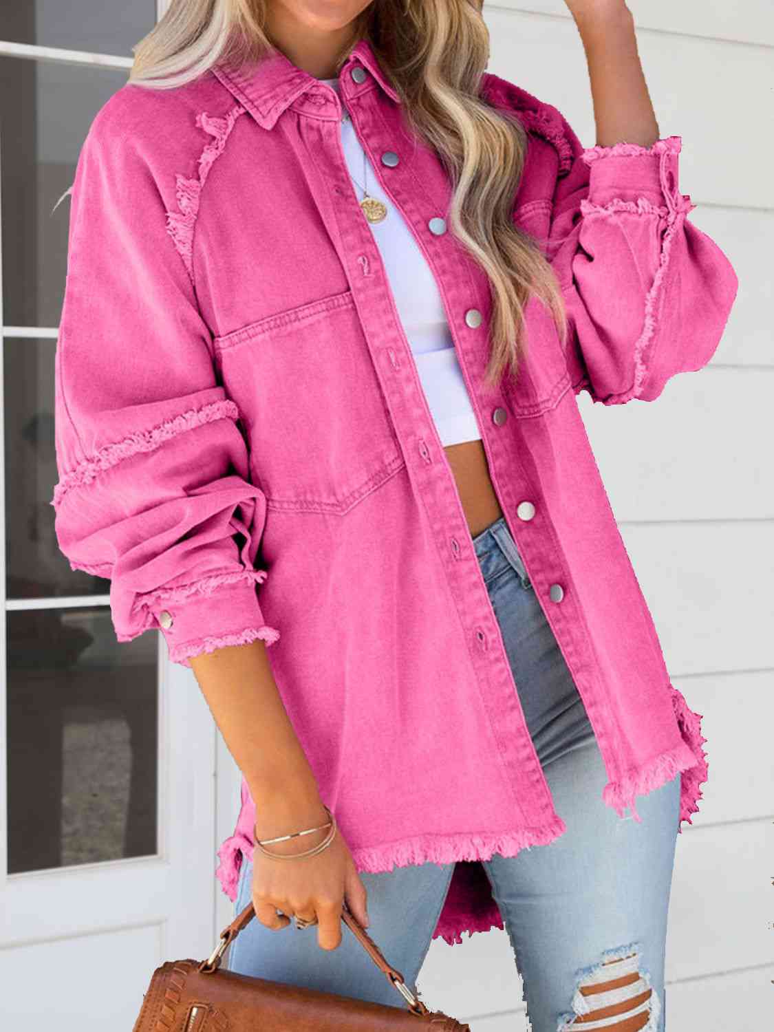 Button Down Raw Hem Denim Jacket - Rochelle's House LLC