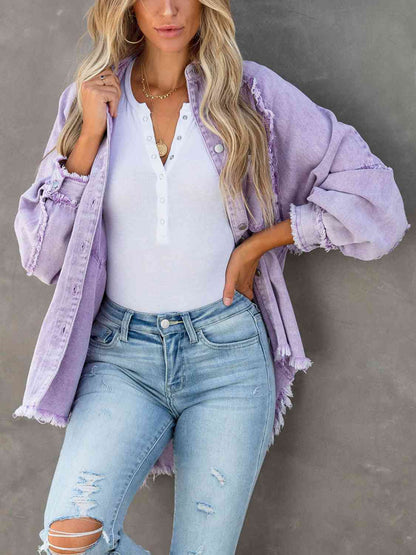 Button Down Raw Hem Denim Jacket - Rochelle's House LLC