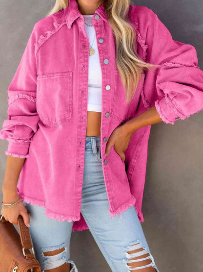 Button Down Raw Hem Denim Jacket - Rochelle's House LLC