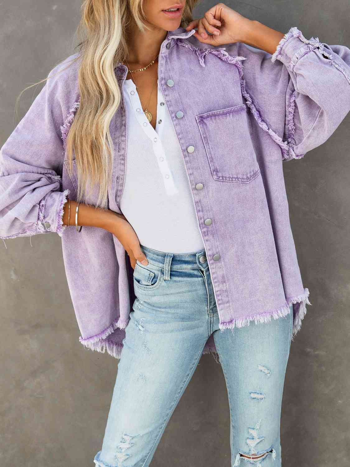 Button Down Raw Hem Denim Jacket - Rochelle's House LLC