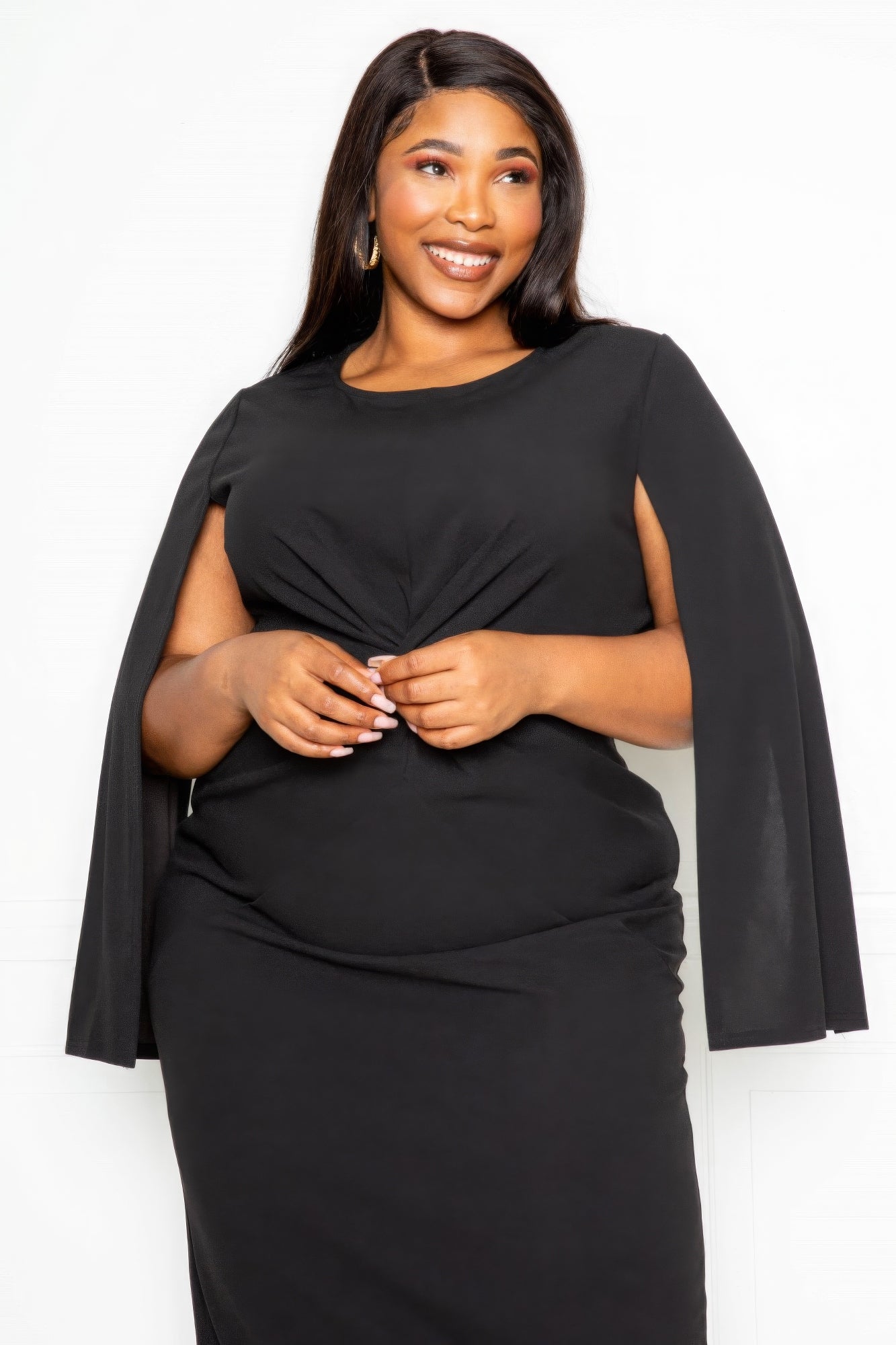 Cape Sleeve Dress With Knot Detail - Rochelle's House LLC