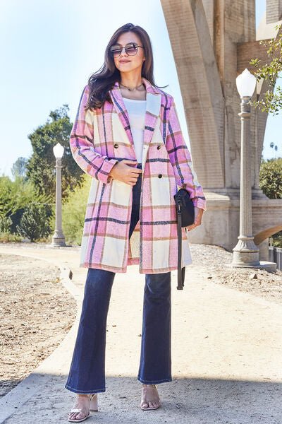 Double Take Plaid Button Up Lapel Collar Coat - Rochelle's House LLC