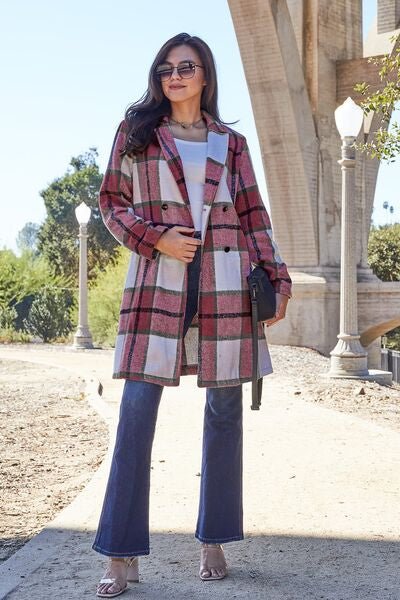Double Take Plaid Button Up Lapel Collar Coat - Rochelle's House LLC