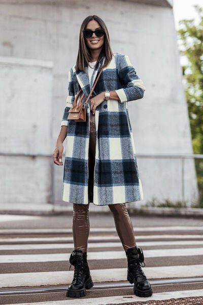 Double Take Plaid Button Up Lapel Collar Coat - Rochelle's House LLC