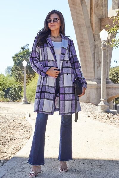 Double Take Plaid Button Up Lapel Collar Coat - Rochelle's House LLC