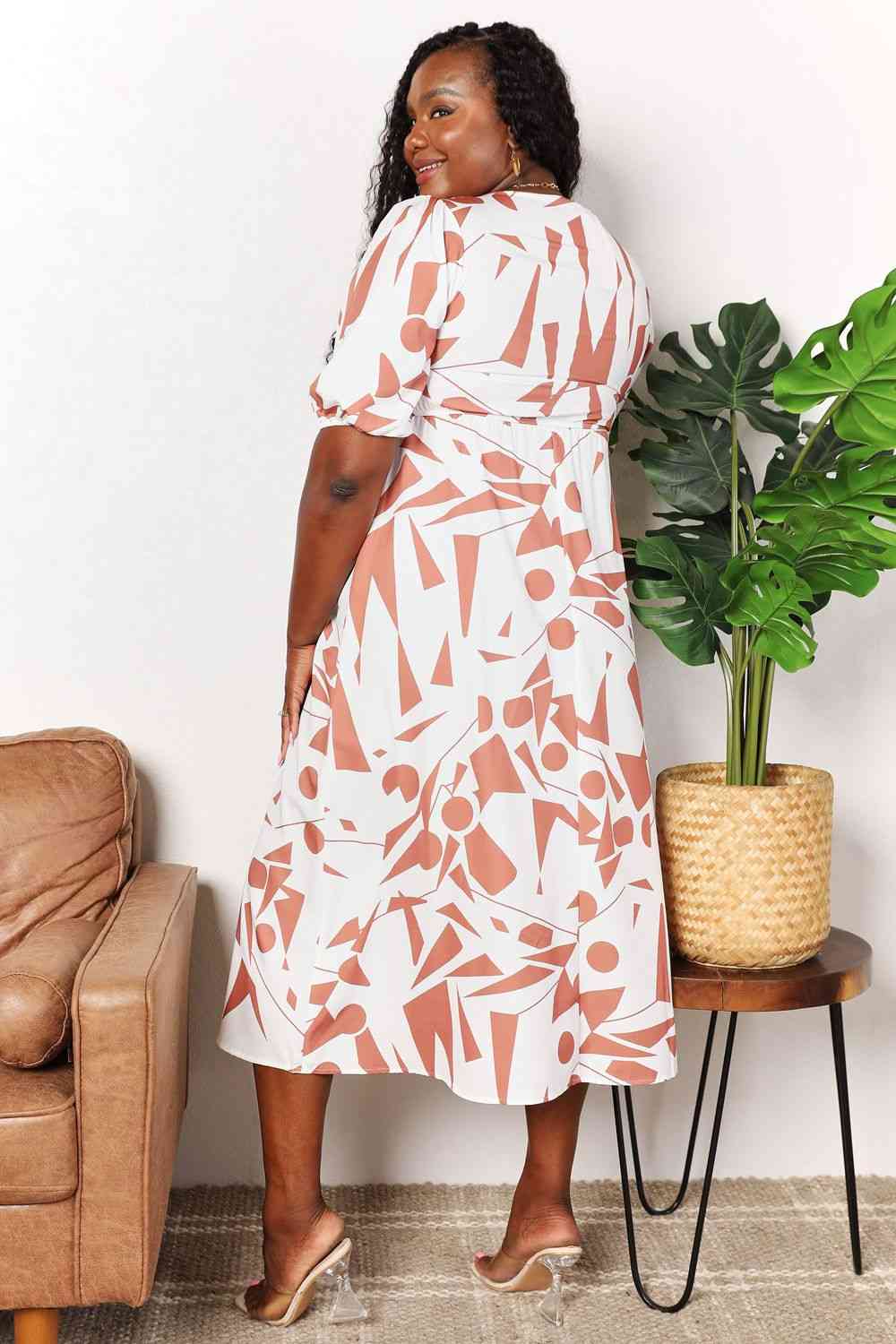 Double Take Printed Surplice Balloon Sleeve Dress - Rochelle's House LLC