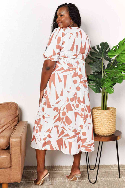 Double Take Printed Surplice Balloon Sleeve Dress - Rochelle's House LLC