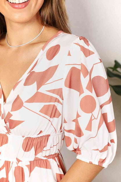 Double Take Printed Surplice Balloon Sleeve Dress - Rochelle's House LLC