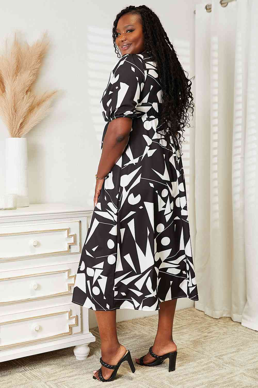 Double Take Printed Surplice Balloon Sleeve Dress - Rochelle's House LLC