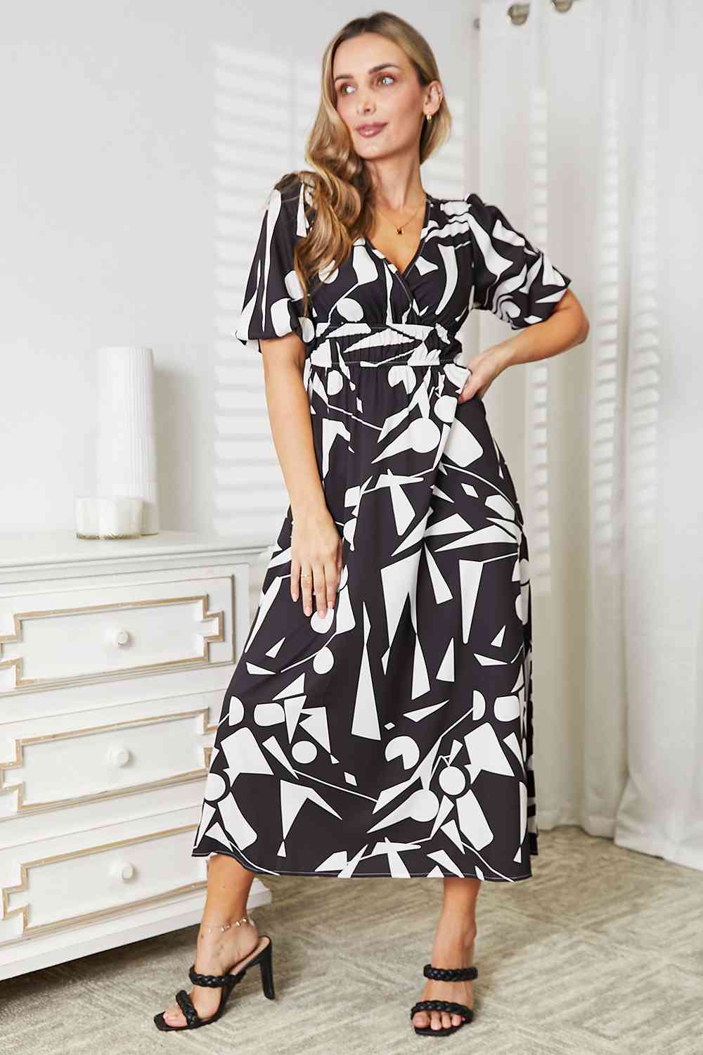 Double Take Printed Surplice Balloon Sleeve Dress - Rochelle's House LLC