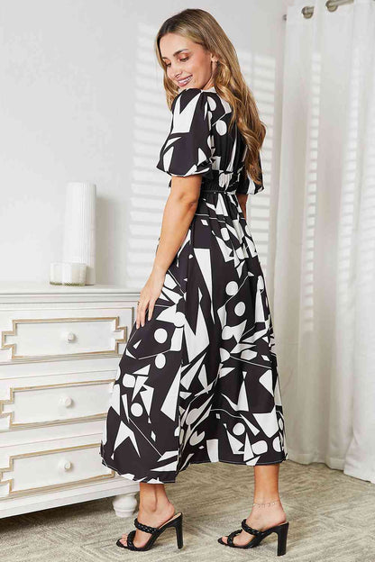 Double Take Printed Surplice Balloon Sleeve Dress - Rochelle's House LLC